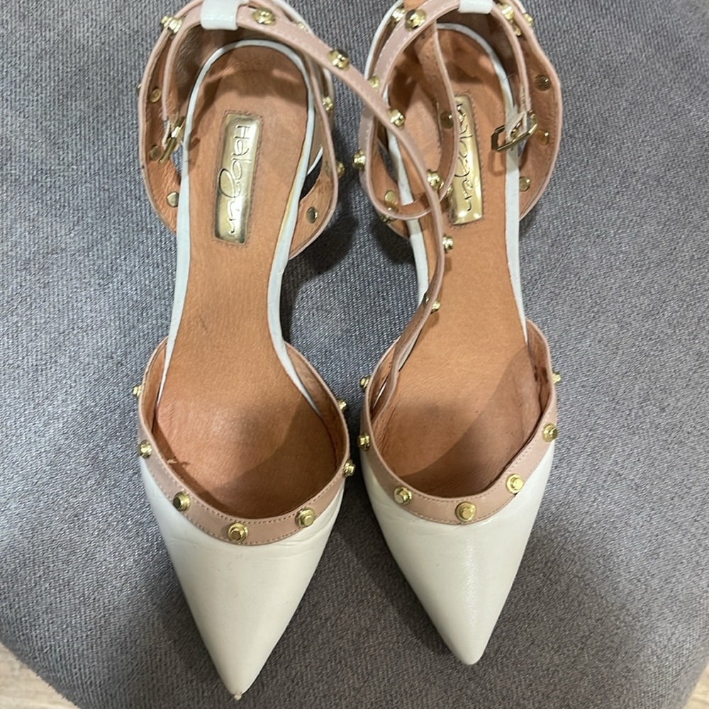 Halogen white closed toe heels gently worn. Studded with tan lining size 7